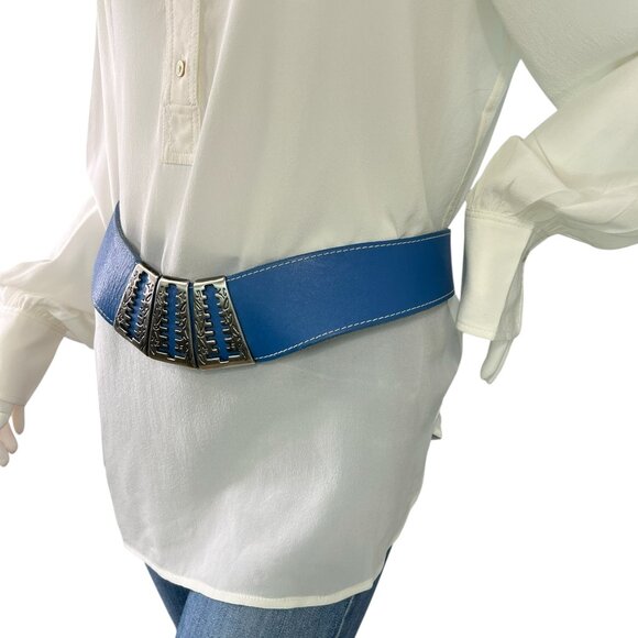 Vintage 80s Blue Leather Wide Statement Waist Belt with Metal Detail Size M/L main image 6